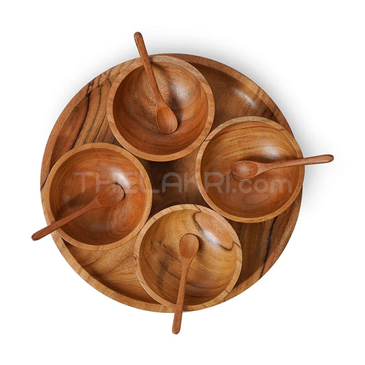 Wooden Platter, 4 Bowls, 4 Spoons Set