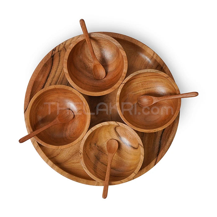 Wooden Platter, 4 Bowls, 4 Spoons Set