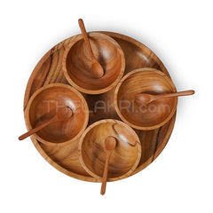 Wooden Platter, 4 Bowls, 4 Spoons Set