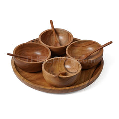 Wooden Platter, 4 Bowls, 4 Spoons Set